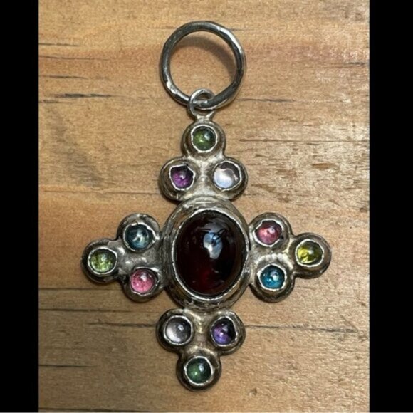 Silver Cross Multicolored Stone Cross Pendant - Picture 5 of 5